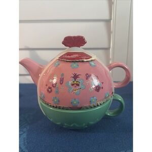 Dreamworks Trolls Be Free Tea Set Stacking 2 Piece Ceramic Teapot Pink & Green